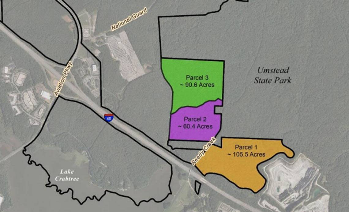 The Raleigh-Durham Airport Authority put these three pieces of land, totaling about 256 acres, up for lease in September 2017. It agreed to lease parcels 2 and 3 to Wake County and allow Wake Stone Corp. to develop a quarry on Parcel 1, which is known as the Odd Fellows tract.