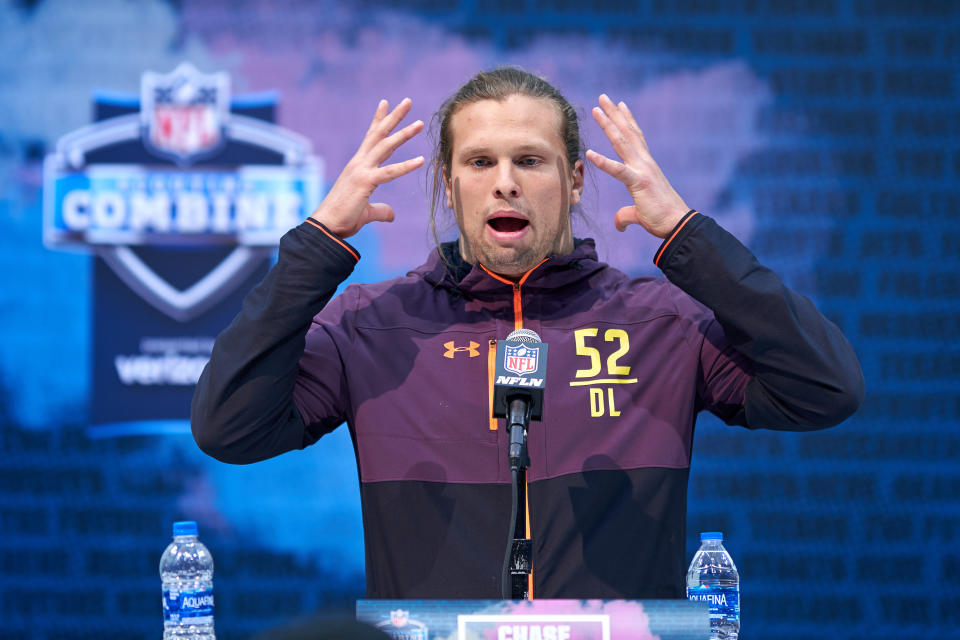 Michigan edge rusher Chase Winovich answers questions during the NFL Scouting Combine (Getty Images)