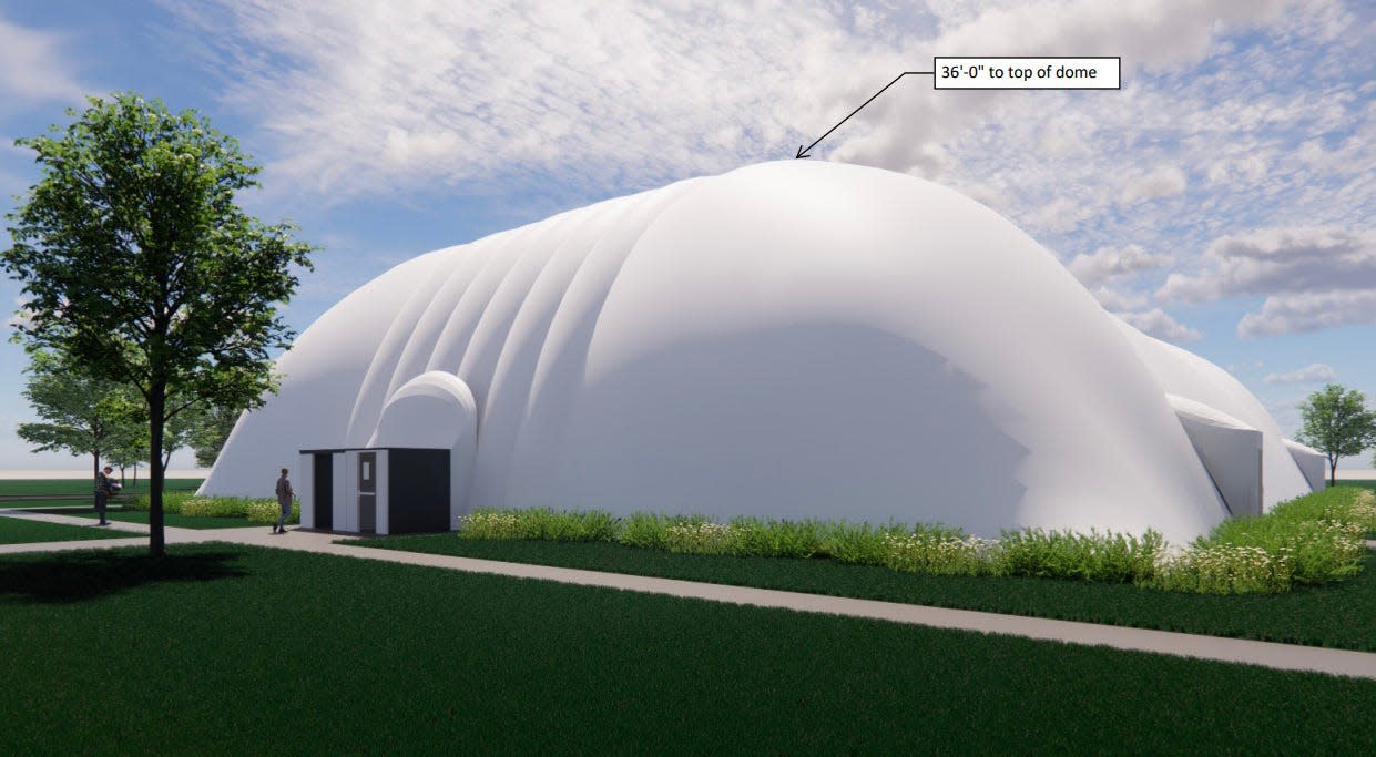 This architect's rendering shows an air-supported dome that would be used to cover five tennis courts at the planned NewGen Tennis Academy facility on Green Meadows Drive, south of the Home Road Extension and east of U.S. Route 23. Orange Township trustees have scheduled a hearing on the plan for 5:30 p.m. July 20.