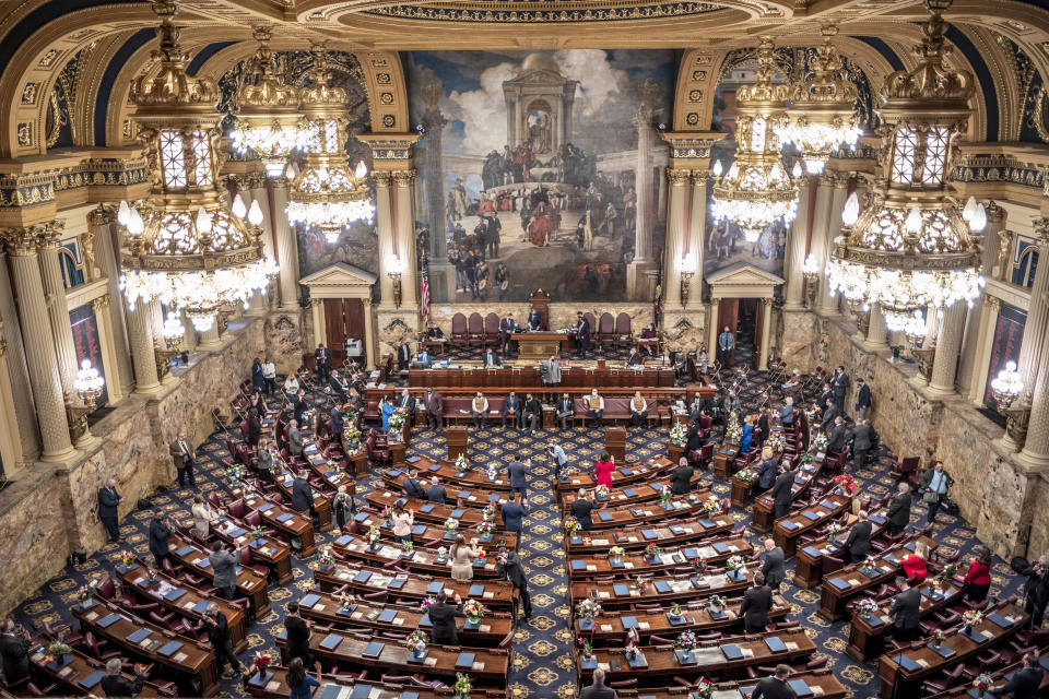 FILE - Shown is the Pennsylvania House of Representatives on Jan. 5, 2021, at the state Capitol in Harrisburg, Pa. Six weeks after Pennsylvania state representatives elected a Democratic speaker and have not returned to session, the Republican leader on Wednesday, Feb. 15, 2023 warned of chaos when they reconvene next week. (AP Photo/Laurence Kesterson, File)