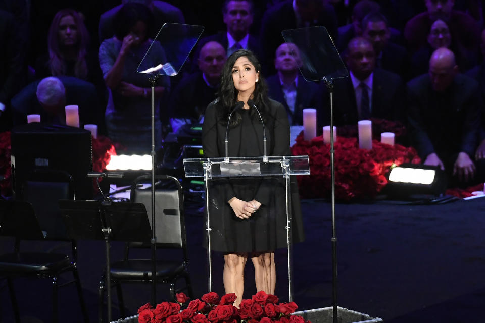 Vanessa Bryant speaks during the "Celebration of Life for Kobe and Gianna Bryant" at Staples Center on February 24, 2020 in Los Angeles, California. (Photo by Kevork Djansezian/Getty Images)