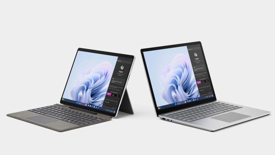 Surface Laptop 6 and Surface Pro 10 with Copilot running onscreen