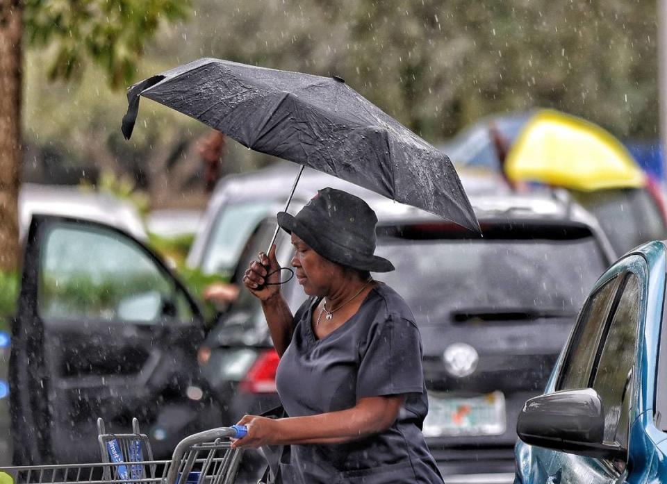 Despite the rainy weather condition, a shopper makes use of an umbrella as she heads to her car after shopping at Walmart in Pembroke Pines, Florida on Wednesday, December 13, 2023.