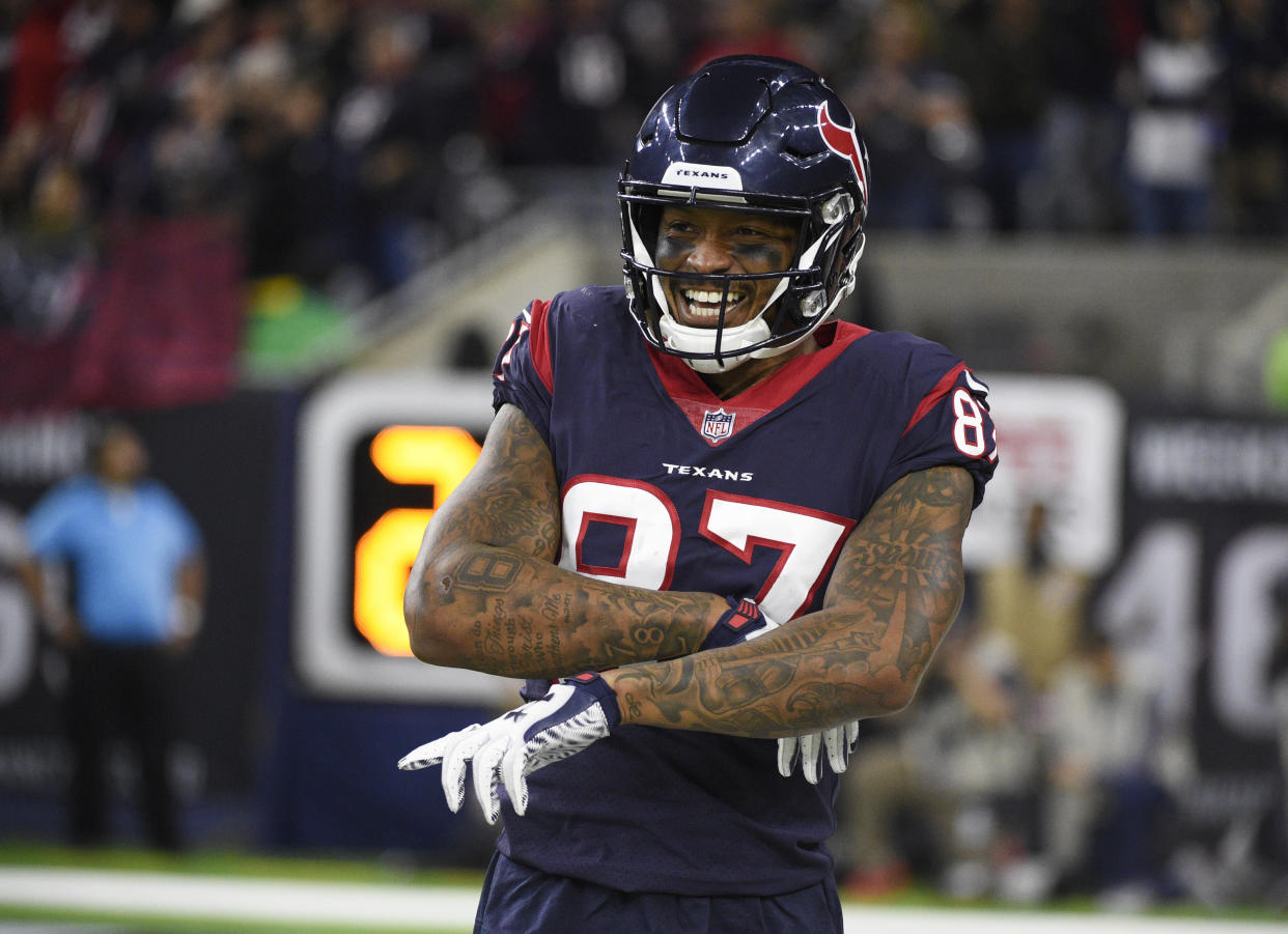 Houston Texans wide receiver Demaryius Thomas (87) celebrates his touchdown catch during the second half of an NFL football game against the Tennessee Titans, Monday, Nov. 26, 2018, in Houston. (AP Photo/David J. Phillip)