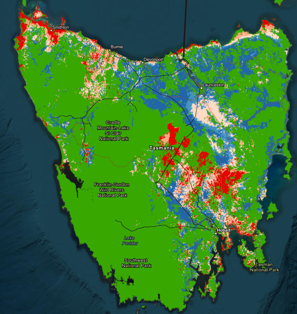 Tasmanian sites for wind under the low-cost scenario with overhead powerlines.