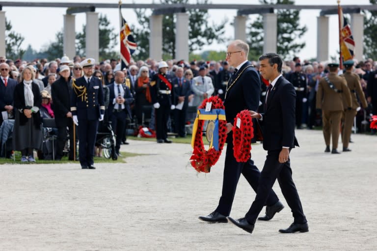 Britain's Prime Minister Rishi Sunak laid a wreath during the UK's commemorative ceremony marking the 80th anniversary of the World War II "D-Day" Allied landings in Normandy (Ludovic MARIN)