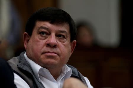 Former Guatemalan Army Colonel Esteelmer Reyes Giron looks on after the verdict was given in the Sepur Zarco case in Guatemala City, Guatemala, February 26, 2016. A judge sentenced Guatemalan Army Colonel Esteelmer Reyes Giron to 120 years and ex-military commissioner Heriberto Valdez to 240 years in prison for committing crimes against humanity, as well as sexual violence and slavery against fifteen indigenous women of the Mayan ethnic Q'eqchi group, between 1982 to 1986 at the military base of Sepur Zarco, during Guatemala's bloody 36-year civil war, local media reported. REUTERS/Josue Decavele TPX IMAGES OF THE DAY - RTS87ML