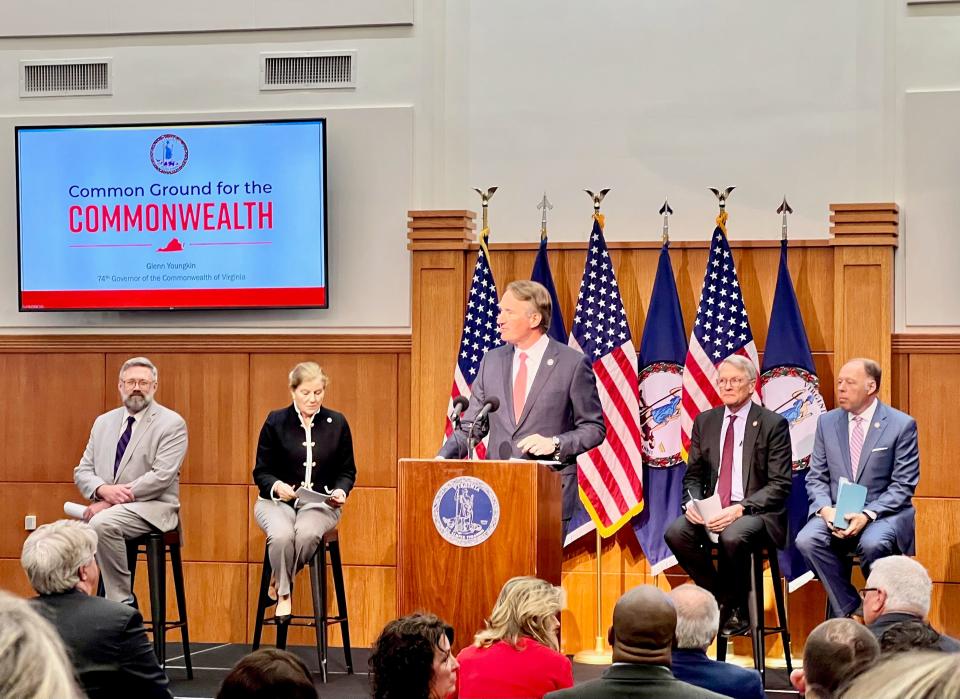 Virginia Gov. Glenn Youngkin speaks before a packed room at the unveiling of his actions on the biennial budget on Monday afternoon.