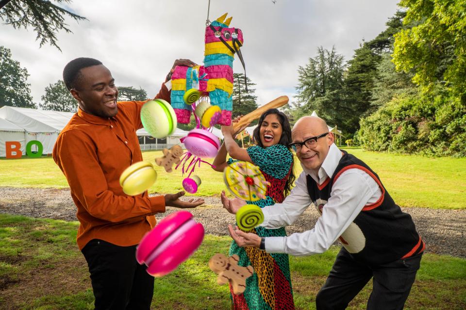 Liam Charles, Ravneet Gill and Harry Hill on Junior Bake Off (C4)