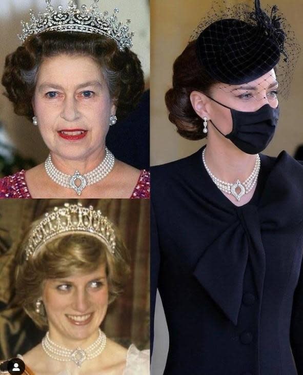 凱特18日戴的珍珠項鍊是女王的珍藏，黛妃也曾戴過。（翻攝style.source IG）