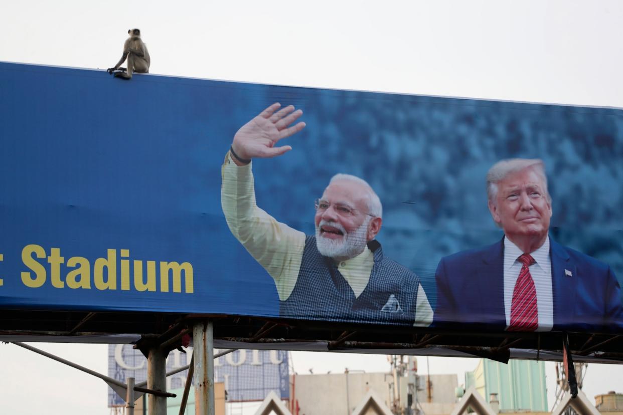 A monkey sits on a hoarding welcoming Donald Trump to Ahmedabad, India: AP