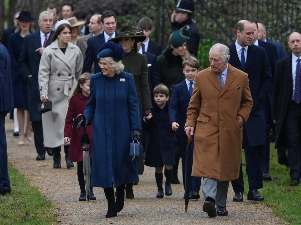 Britain's King Charles, Queen Camilla, Prince William, Prince of Wales, Catherine, Princess of Wales, Prince George, Princess Charlotte and Prince Louis attend the Royal Family's Christmas Day service at St. Mary Magdalene's church (REUTERS)