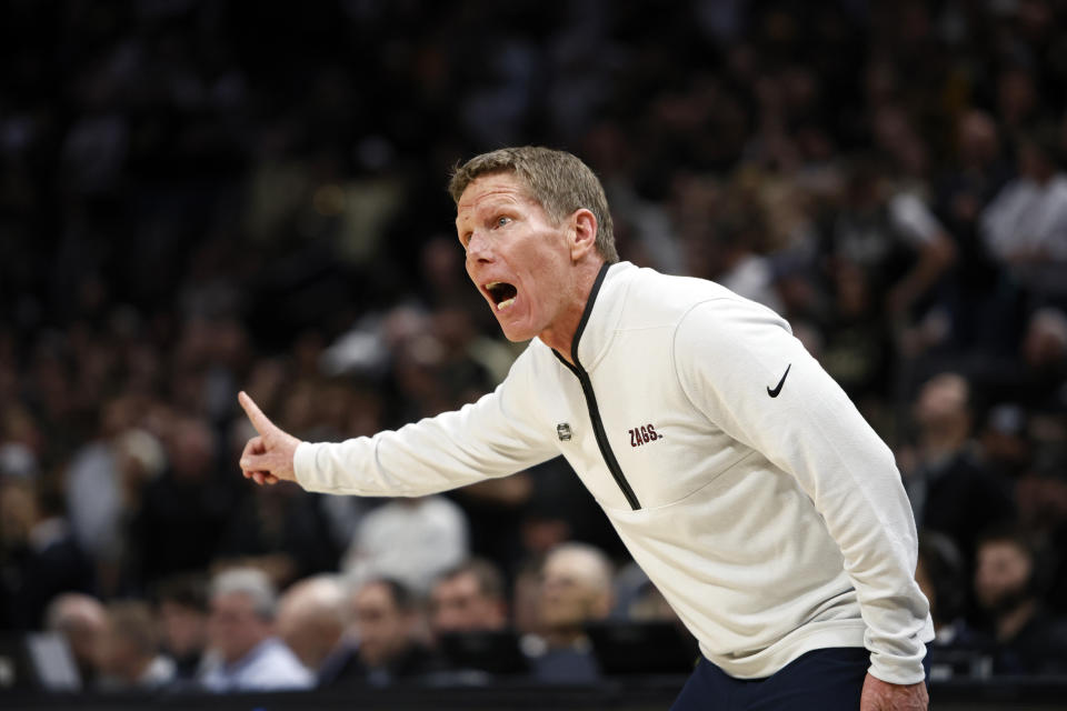 Gonzaga head coach Mark Few yells from the sideline during the first half of a Sweet 16 college basketball game against Purdue in the NCAA Tournament, Friday, March 29, 2024, in Detroit. (AP Photo/Duane Burleson)