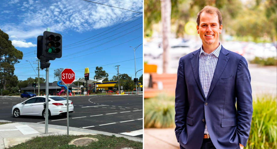 Left image of a STOP road sign at an intersection in Victoria. Right image is of Jackson Taylor MP in a navy suit with checkered shirt.