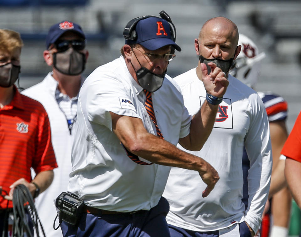 Auburn head coach Gus Malzahn reacts to a call during the second quarter of an NCAA college football game against Kentucky on Saturday, Sept. 26, 2020, in Auburn, Ala. (AP Photo/Butch Dill)