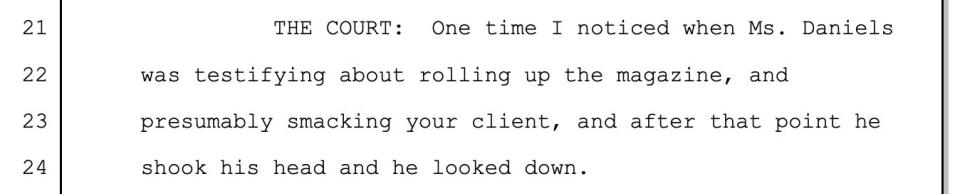 Part of the trial transcript showing Merchan saying Trump shook his head and looked down.
