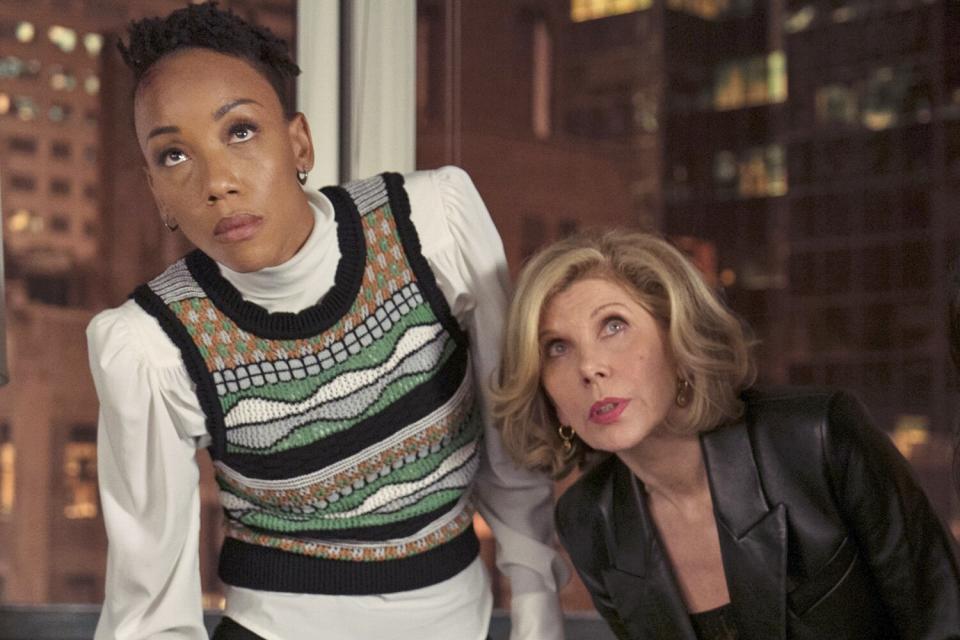 Charmaine Bingwa as Carmen Moyo, Christine Baranski as Diane Lockhart, and Sarah Steele as Marissa Gold in The Good Fight