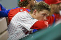 Philadelphia Phillies starting pitcher Spence Howard watches after being pulled during the fourth inning of the team's baseball game against the Boston Red Sox, Saturday, May 22, 2021, in Philadelphia. (AP Photo/Chris Szagola)