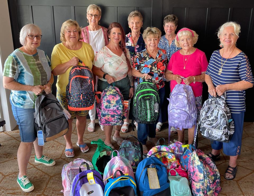 The GFWC Greater Ocala Woman's Club recently organized a donation of school supply-filled backpacks to the Ocala Domestic Abuse Center. From left: Sandra Stipins, Pam Ruder, Sharon McCarron, Colleen Fuhs, Barbara Iazzetti, Charlene Earl, Darlene Vaughn, Nancy
Hutchinson and Mary Ziegenhorn. Donor not pictured, Cindy LaRosa.