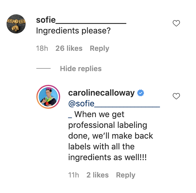 Caroline responding: "When we get professional labeling done, we'll make back labels with the ingredients as well!!!"