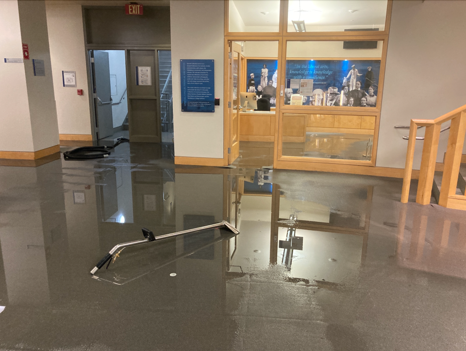 Water entered the basement of Davis Family Library, where Middlebury College's Special Collections is housed, during the storm on Thursday Aug 3.