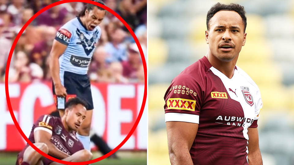 Seen here, Felise Kaufusi and the infamous Jarome Luai incident from Origin Game I.