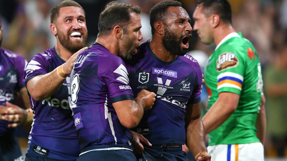 Justin Olam of the Storm celebrates a try during the NRL Preliminary Final against the Canberra Raiders at Suncorp Stadium on October 16, 2020 in Brisbane, Australia. (Photo by Jono Searle/Getty Images)