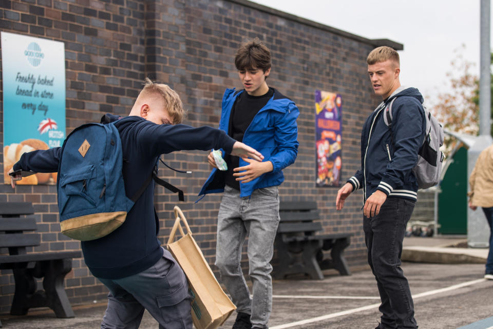 FROM ITV

STRICT EMBARGO - No use before Tuesday 27th September 2022

Coronation Street - Ep 1076162

Tuesday 4th October 2022

In the Freshco car park, Max Turner [PADDY BEVER] is accosted by Blake [ADAM LITTLE] and Chris [TAREQ AL-JEDDAL], who nick his lunch, break his phone and douse him in water. As the lads film his humiliation, Max fights tears. 

Picture contact - David.crook@itv.com

Photographer - Danielle Baguley

This photograph is (C) ITV Plc and can only be reproduced for editorial purposes directly in connection with the programme or event mentioned above, or ITV plc. Once made available by ITV plc Picture Desk, this photograph can be reproduced once only up until the transmission [TX] date and no reproduction fee will be charged. Any subsequent usage may incur a fee. This photograph must not be manipulated [excluding basic cropping] in a manner which alters the visual appearance of the person photographed deemed detrimental or inappropriate by ITV plc Picture Desk. This photograph must not be syndicated to any other company, publication or website, or permanently archived, without the express written permission of ITV Picture Desk. Full Terms and conditions are available on  www.itv.com/presscentre/itvpictures/terms
