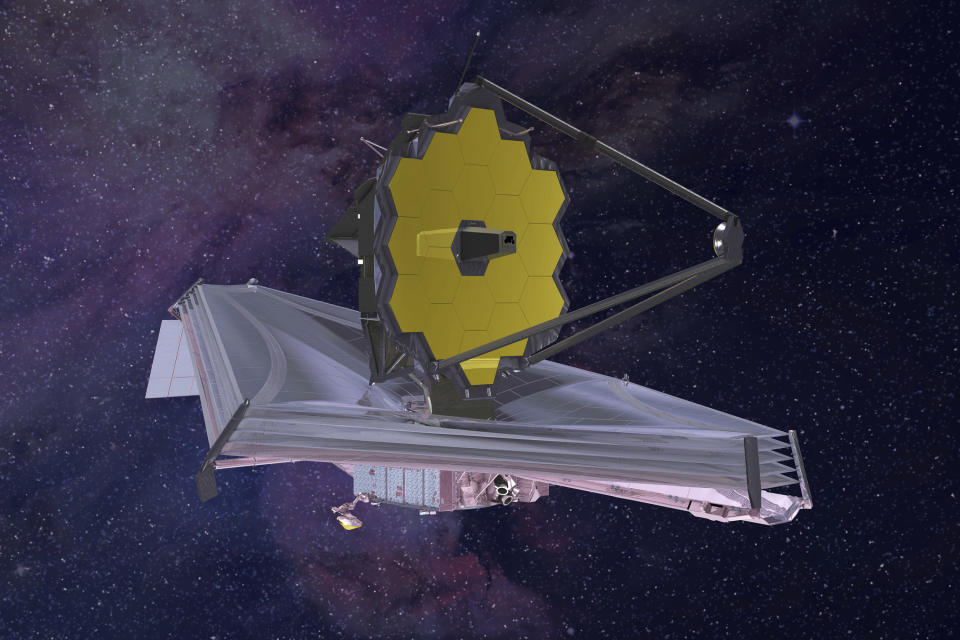 FILE - This 2015 artist's rendering provided by Northrop Grumman via NASA shows the James Webb Space Telescope. The telescope is designed to peer back so far that scientists will get a glimpse of the dawn of the universe about 13.7 billion years ago and zoom in on closer cosmic objects, even our own solar system, with sharper focus. (Northrop Grumman/NASA via AP, File)