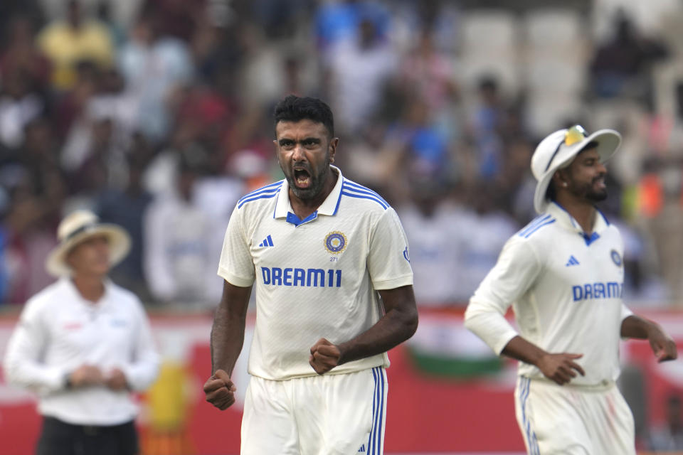 India's Ravichandran Ashwin celebrates the wicket of England's Ben Duckett on the third day of the second cricket test match between India and England in Visakhapatnam, India, Sunday, Feb. 4, 2024. (AP Photo/Manish Swarup)
