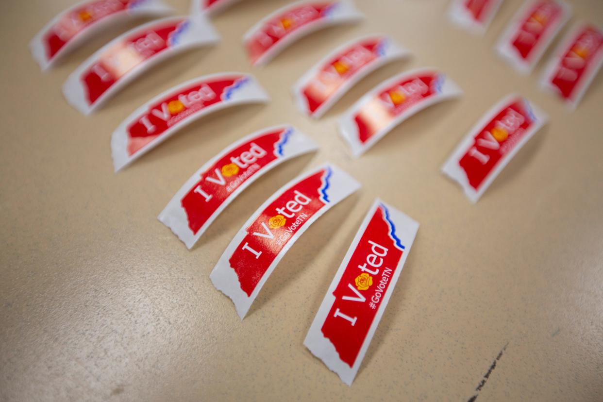 Tennessee “I Voted” stickers rests on display for voters at the Longview Recreation Center in Spring Hill, Tenn., on Thursday, April 8, 2021.