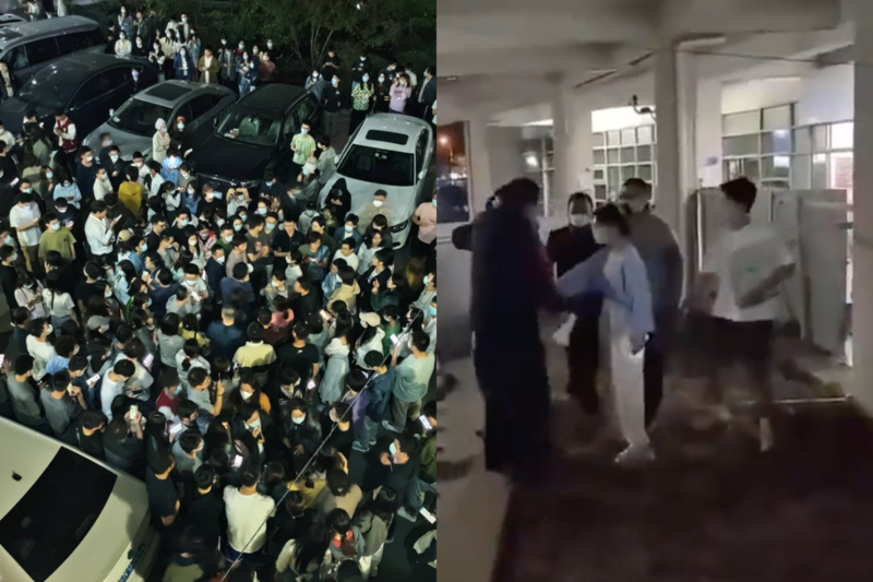 北京大學因為突然在學生宿舍築起「圍牆」，引爆學生聚集抗議（左圖），更有人直接動手破壞（右圖）。（翻攝自twitter）