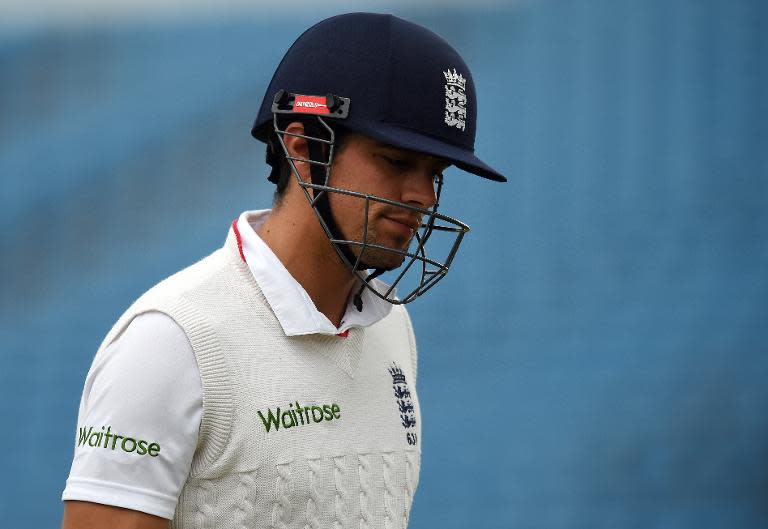 England's Alastair Cook leaves the field after being dismissed for 56 runs on the fifth and final day of the second Test against New Zealand at Headingley in northern England, on June 2, 2015