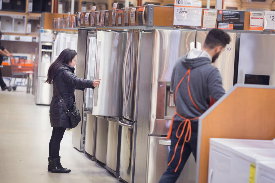 CHICAGO, IL - MARCH 24:  A customer shops for appliances at a Home Depot store on March 24, 2015 in Chicago, Illinois. The Labor Department reported the consumer-price index rose a seasonally adjusted 0.2% in February from a month earlier, the first rise since October and the largest increase since June.  (Photo by Scott Olson/Getty Images)