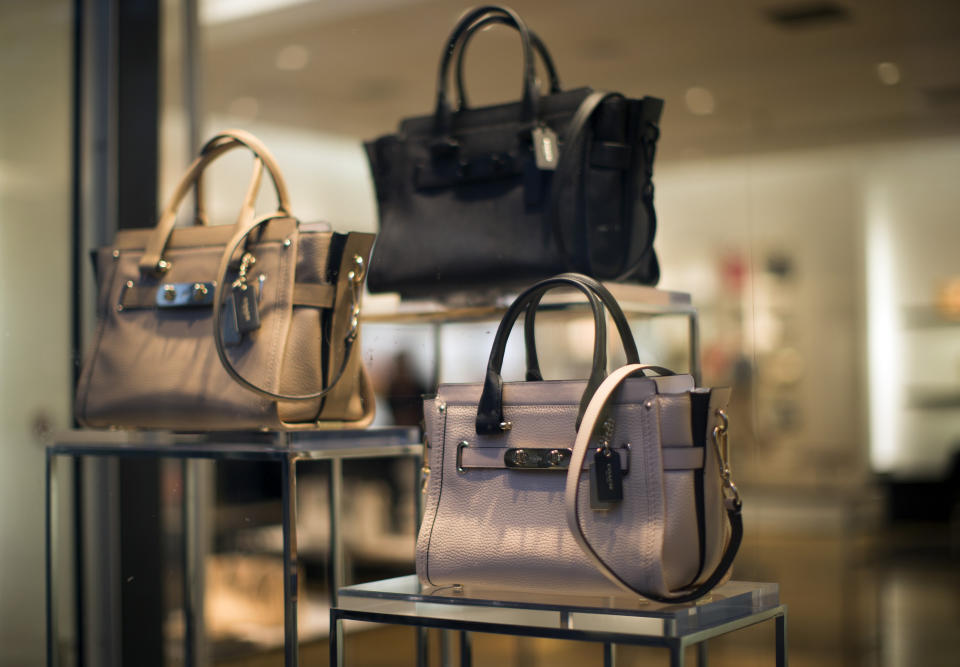 Handbags are pictured through a window of a Coach store in Pasadena, California, January 26, 2015. REUTERS/Mario Anzuoni (UNITED STATES - Tags: BUSINESS)