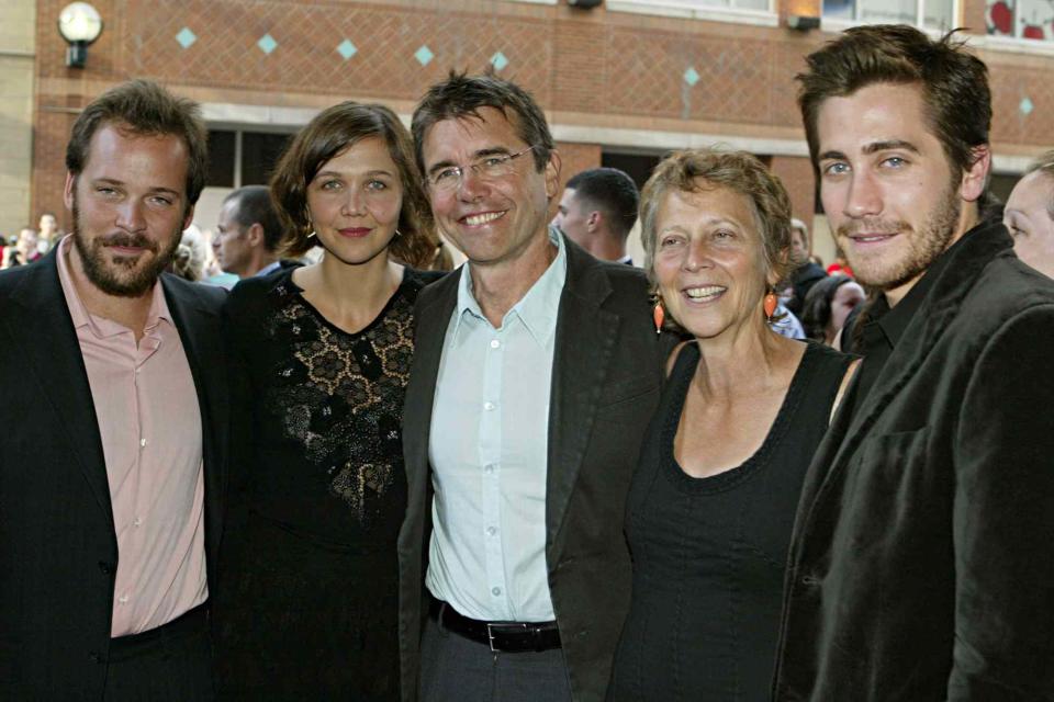 <p>Donald Weber/Getty</p> Peter Sarsgaard, Maggie Gyllenhaal and Jake Gyllenhaal with their parents  on the red carpet for the TIFF gala screening of the film 