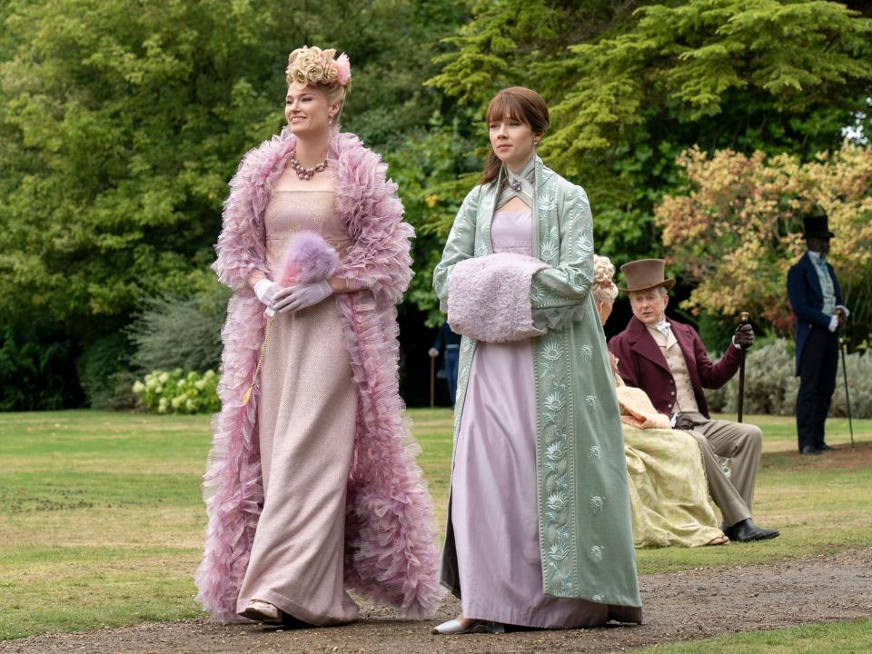Jessica Madsen as Cressida Cowper and Claudia Jessie as Eloise Bridgerton in "Bridgerton" season three.