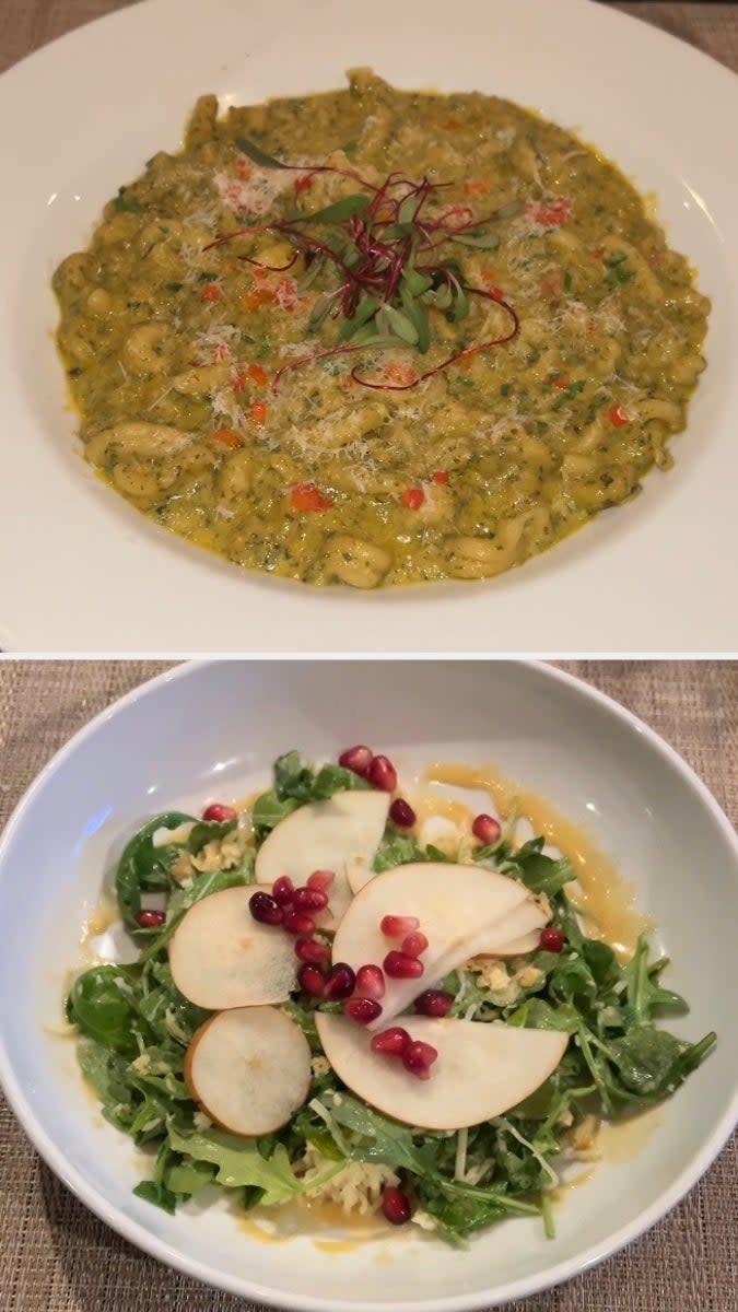 Two plated dishes: A creamy and garnished dish, possibly risotto, and a salad topped with pear slices and pomegranate seeds