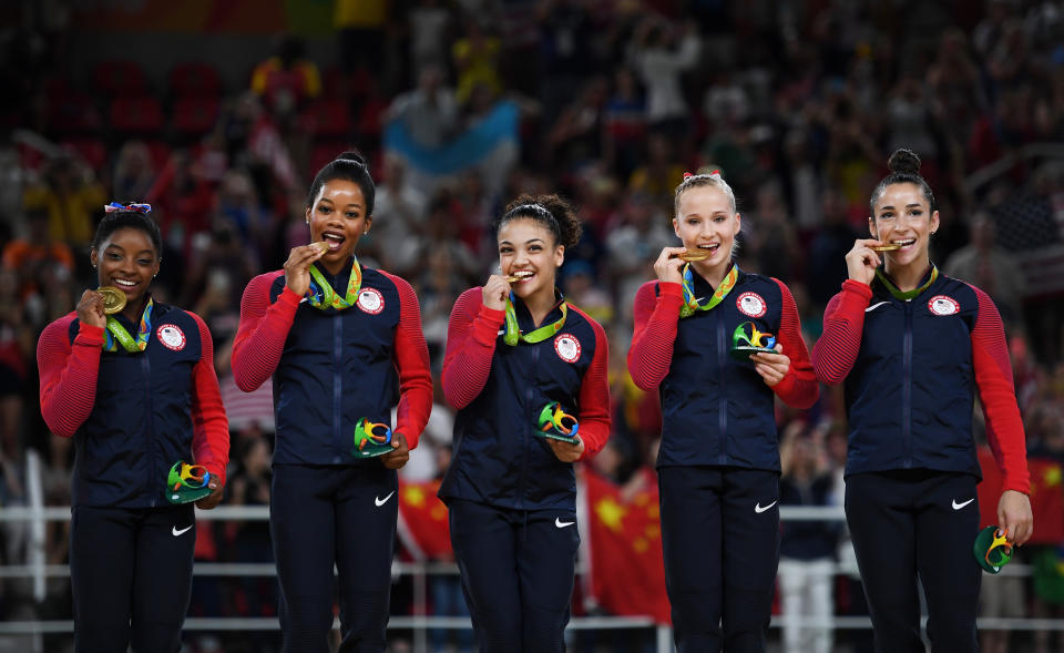 Medalists from the U.S. artistic gymnastics women’s team on Day 4 of the Rio 2016 Olympic Games, Aug. 9, 2016. (Photo: Laurence Griffiths/Getty Images)