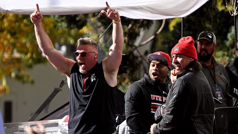 Pat McAfee Steve Smith Sr. and Cam Rising look out at the crowd during broadcast of the “Pat McAfee Show” at the University of Utah in Salt Lake City on Friday, Oct. 27, 2023.