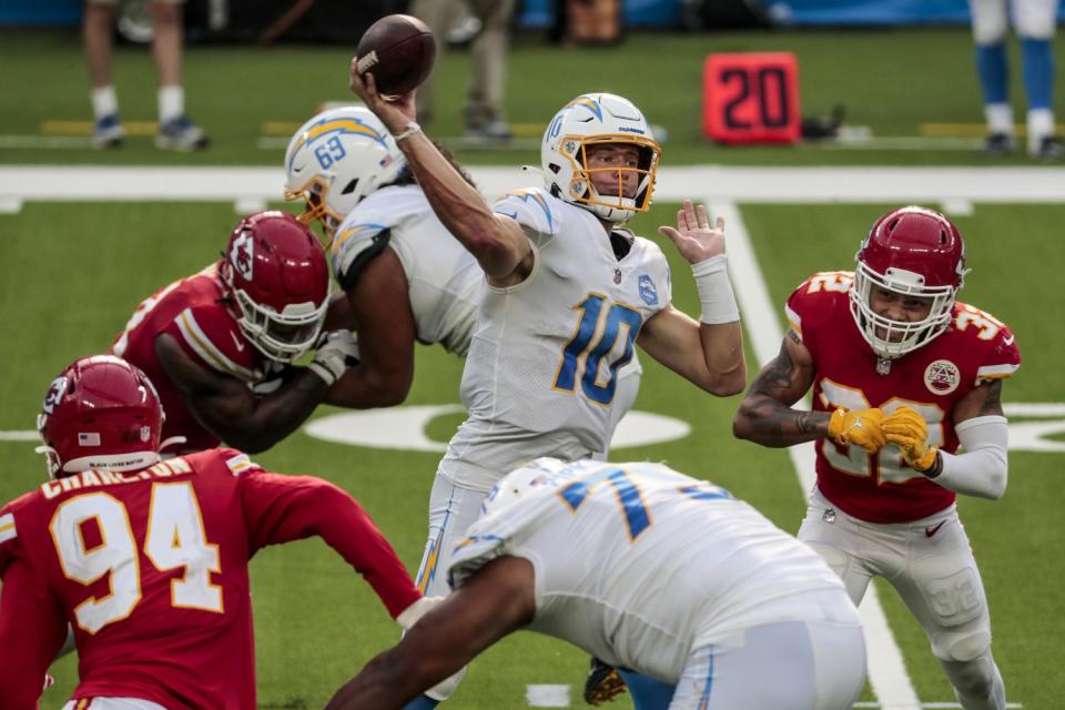 Inglewood, CA, Sunday, September 20, 2020 - Quarterback Justin Herbert #10 of the Los Angeles Charger.