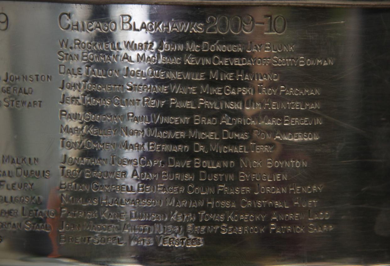 The Stanley Cup arrived back in Chicago on Sept 28, 2010, at O'Hare International Airport from Montreal and is now engraved with the names of Chicago Blackhawks players and staff. (Nancy Stone/Chicago Tribune/Tribune News Service via Getty Images)