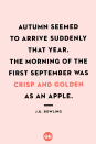 <p>Autumn seemed to arrive suddenly that year. The morning of the first September was crisp and golden as an apple.</p>