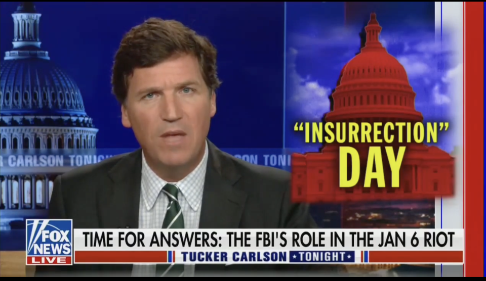 Tucker Carlson is not backing down on baseless accusations that the FBI were involved in the 6 January attack on the Capitol (Fox News )