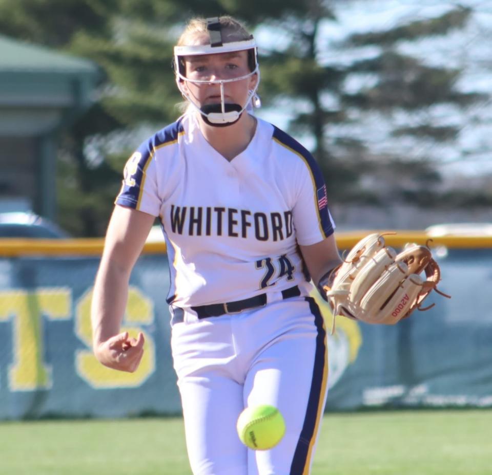 Karlei Conard pitches for Whiteford during a win over Blissfield on Monday, April 15, 2024.