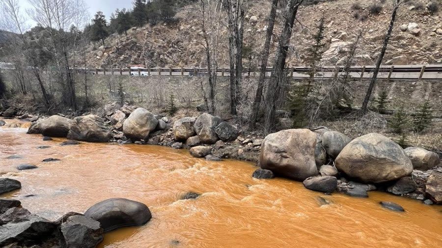 Discolored water in Clear Creek on April 23, 2024.