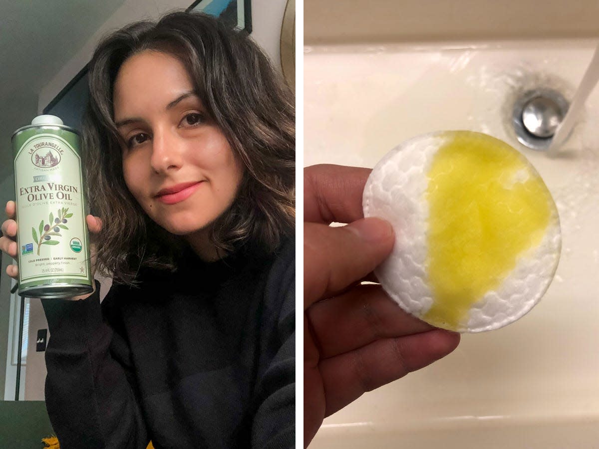 Author Julia Pugachevsky holding up a can of olive oil on left; a hand holding a makeup pad of olive oil on right