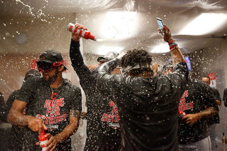 DETROIT, MI - SEPTEMBER 26: Cleveland Indians player celebrate clinching the Central Division Championship after defeating the Detroit Tigers 7-4 at Comerica Park on September 26, 2016 in Detroit, Michigan. (Photo by Duane Burleson/Getty Images)