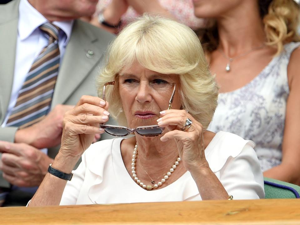 Camilla, Duchess of Cornwall attends the Christina McHale v Sabine Lisicki match on day four of the Wimbledon Tennis Championships at Wimbledon on July 2, 2015 in London, England