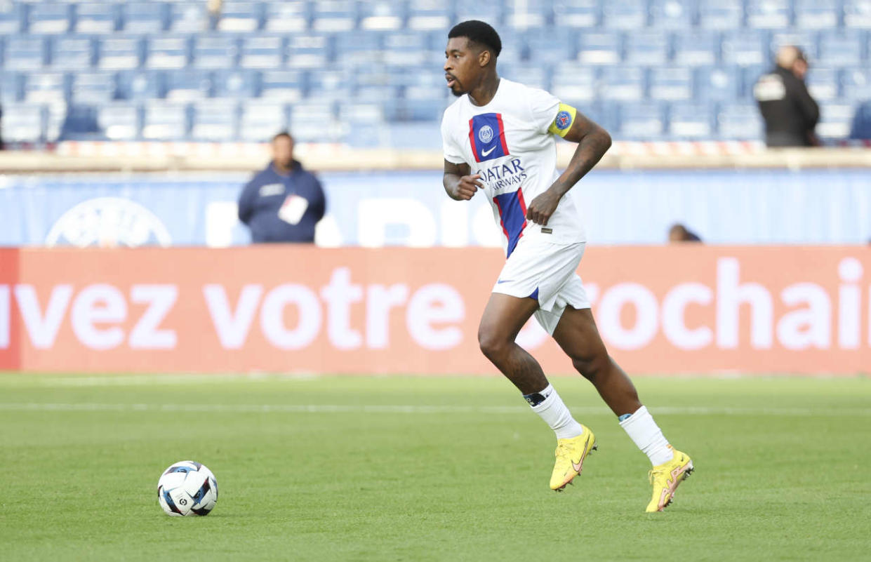 PARIS, FRANCE - OCTOBER 29: Presnel Kimpembe of PSG during the Ligue 1 match between Paris Saint-Germain (PSG) and ESTAC Troyes at Parc des Princes stadium on October 29, 2022 in Paris, France. (Photo by Jean Catuffe/Getty Images)